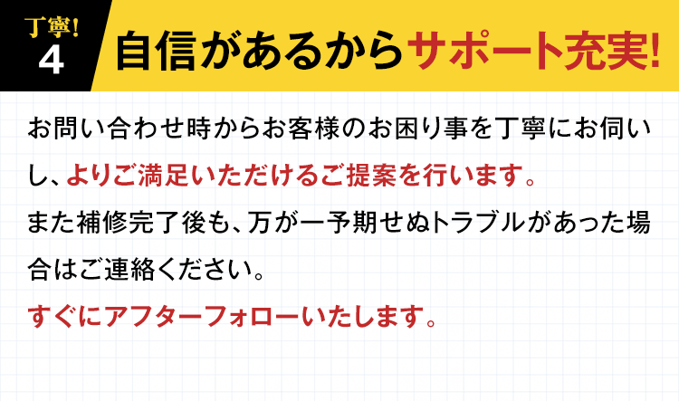 【４】丁寧！自信があるからサポート充実！お問い合わせ時からお客様のお困り事を丁寧にお伺いし、よりご満足いただけるご提案を行います。また補修完了後も、万が一予期せぬトラブルがあった場合はご連絡ください。すぐにアフターフォローいたします。